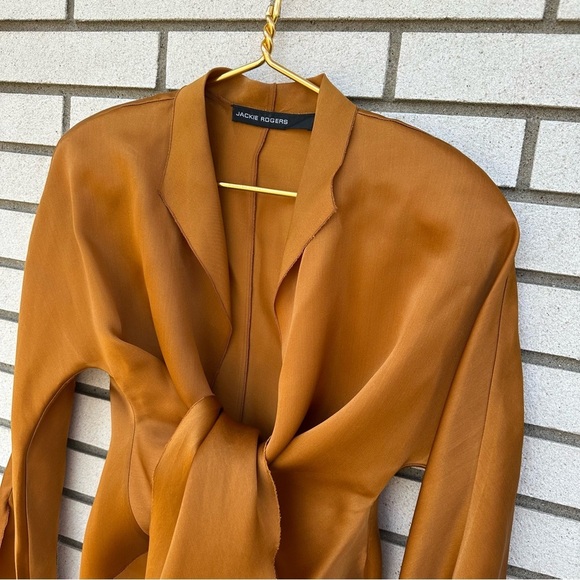 Jackie Rogers Copper Rust Silk Blouse Jacket Tie Front Waist Flare Sleeve 80s 90 - Picture 4 of 10
